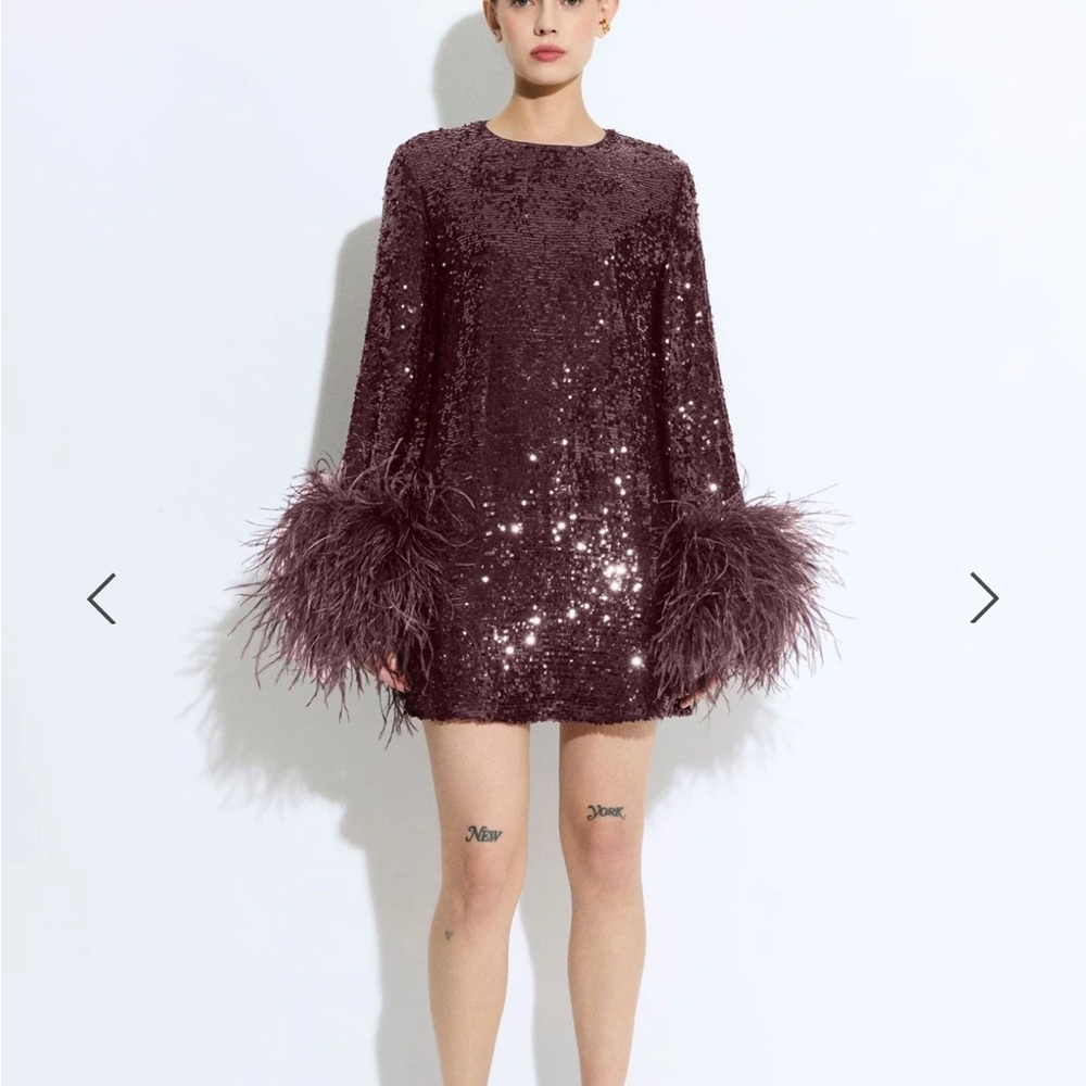 LAPOINTE  Sequin Dress with Ostrich Feather Cuffs